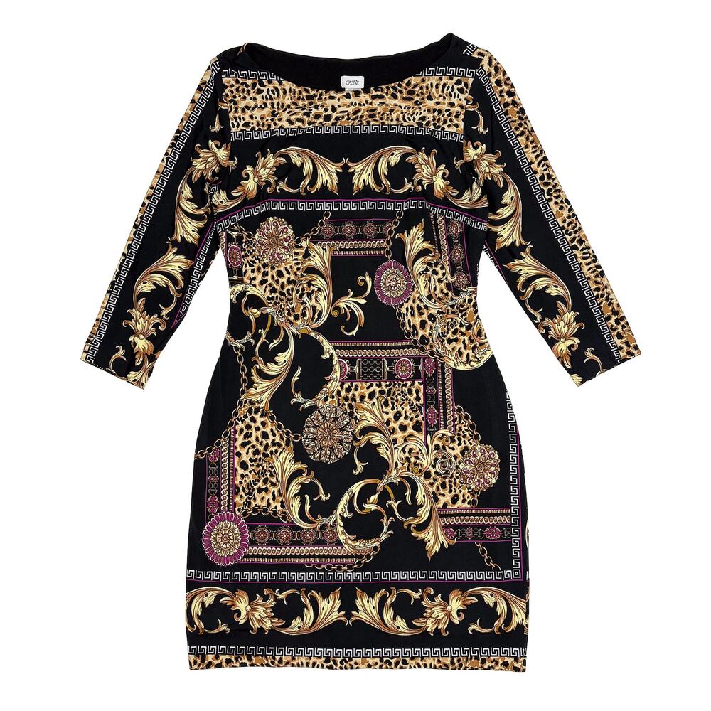 Cache VTG Baroque Leopard Sheath Dress Women 10 Black Gold Stretch